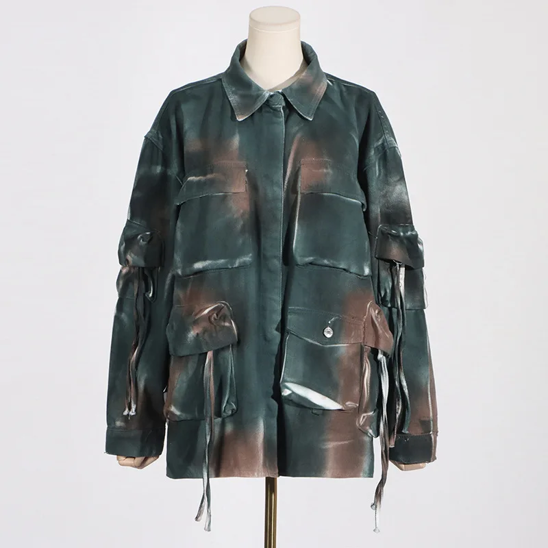 여성 가을 패션 루즈핏 카모플라주 데님 재킷 코트, 큰 포켓 스플라이싱 디자인 워크웨어 개성 스타일