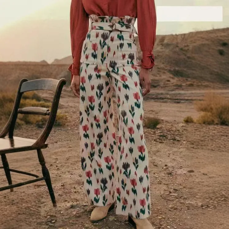 

French Style High Waist Tulip Print Loose Casual Pants Bell Bottom Straight Leg Cotton Trousers Plant Floral Pattern Summer 2025