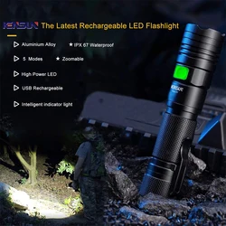 Portable Hand Lantern Powerful LED Flashlight Waterproof 5 Modes Zoom Torchlight Super Bright Torch USB Rechargeable Emerency