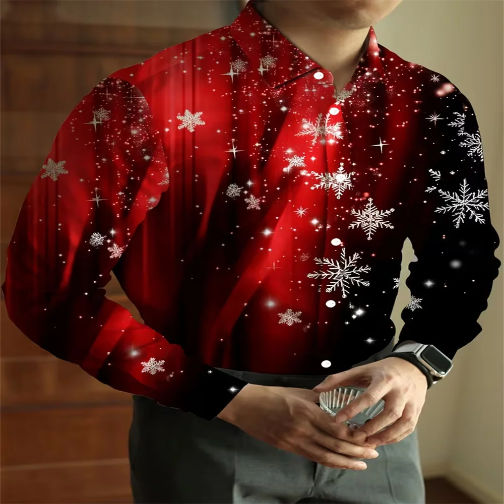 Men Long Sleeve Shirt Christmas Snowflake Print Red‑Black Gradient Lapel Button‑Up Shirts Casual Xmas Holiday Party Men Tops