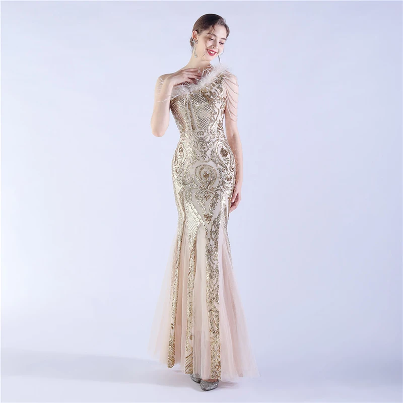 

Elegant ladies party dresses Women Sexy One shoulder Backless Sequined Evening Prom Cocktail Long Mermaid Maxi dress