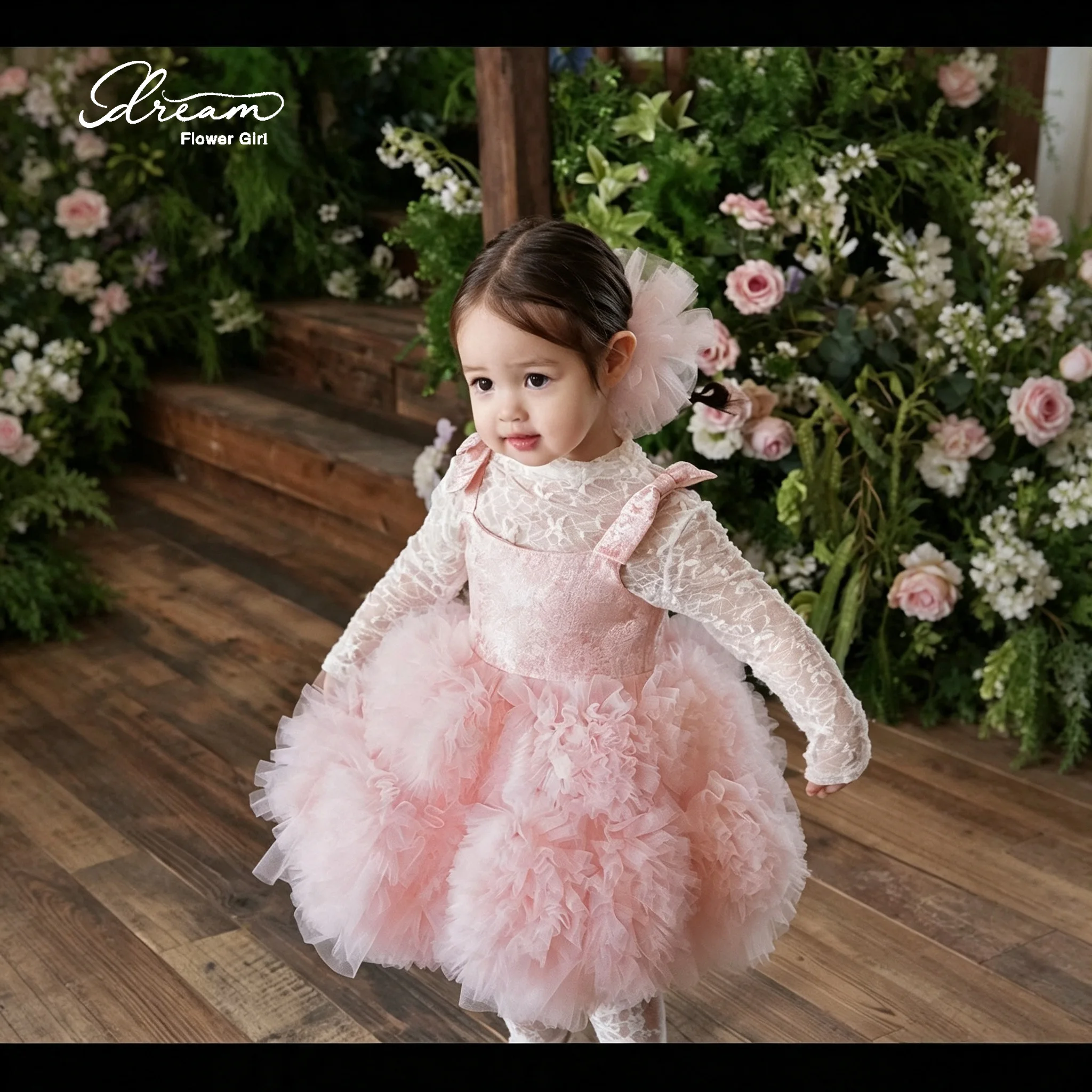 Pink Long Sleeve Vintage Lace Cloud Fluffy Bubble Tulle Flower Girl Gown Toddler Baptism Wedding Birthday Princess Short Dress