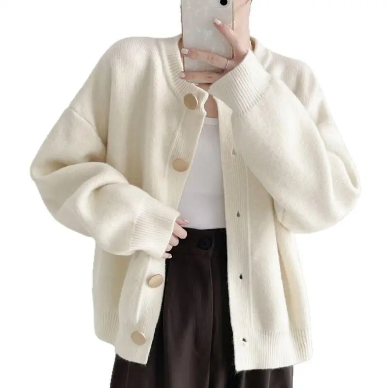 Fashion Casual Women Autumn Winter Knitted Cardigan Plain Loose Round Neck Top Casual Crew Neck Furry Soft Sweater 