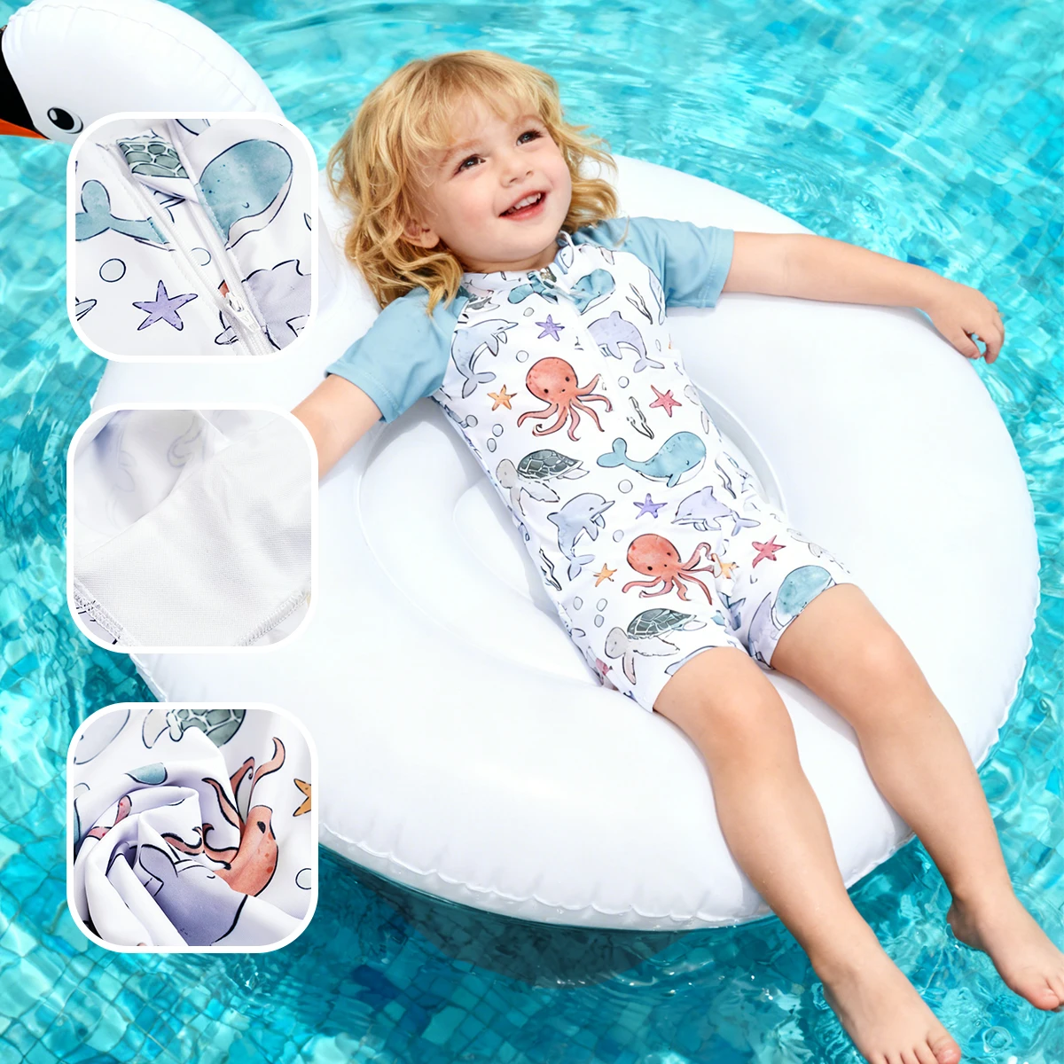 Happyflute Kids Short Sleeve One-Piece Swimsuit Quick Dry Toddler Summer Rash Guard with Shorts ，Sun Protection Suit