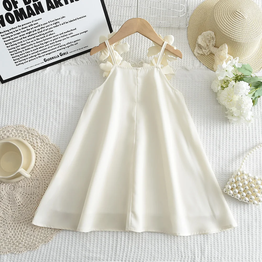2025 Summer New Korean Version Baby Girl Casual Solid Color Dress White 3D Flower Decoration Fashion Temperament Princess Dress