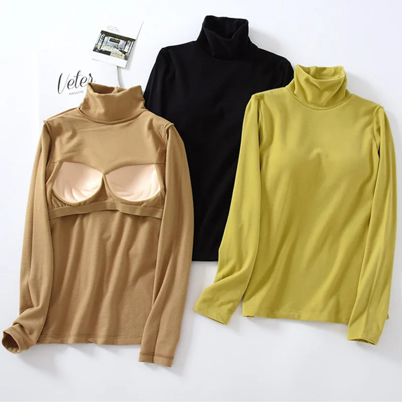 One Piece Pajamas Tops Autumn Winter New Heating Thermal Sleepwear High Collar Long Sleeve Women's Chest Padded Bottoming Shirt