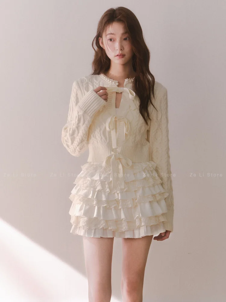 French Vintage Knitted Cardigan Women's Winter Early Spring White Beaded Short Sweater Jacket Hook Needle Bow Knot Design