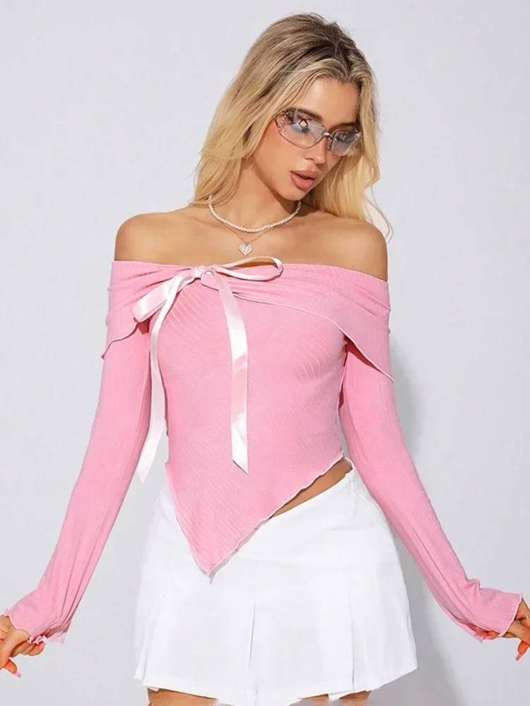 

Slash Neck Aesthetic Y2k Top Slim Long Sleeve Shirts For Women Sexy Pink Sweet Women Clothing Fashion Drop Sleeves Ropa De Mujer