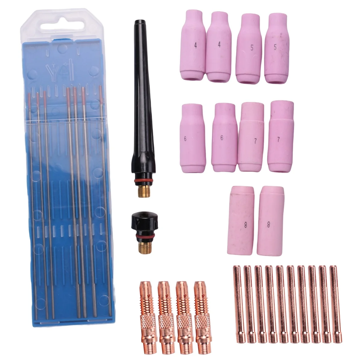 TIG Welding Accessories Set, Adapter Sleeves+ Housing+ Ceramic Nozzles+ Tungsten Electrodes for WP-26 TIG Welding Torch