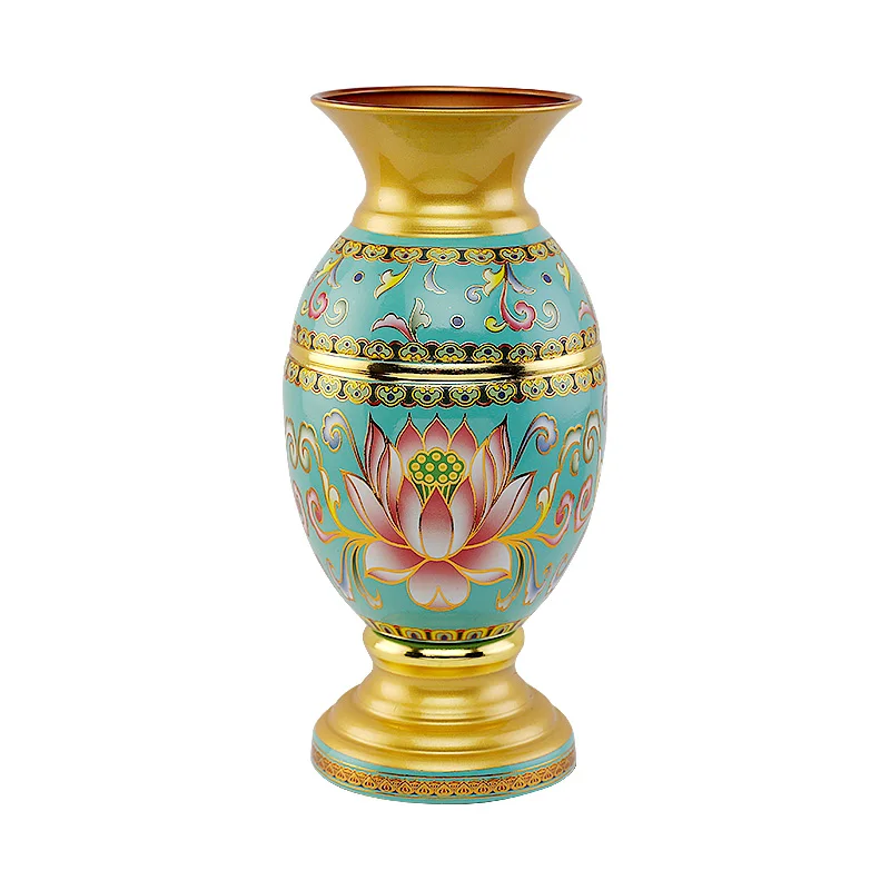 Enamel Lotus Alloy Buddha Vase Guanyin Holy-Water Vase Vase a Pair of Home Decorations