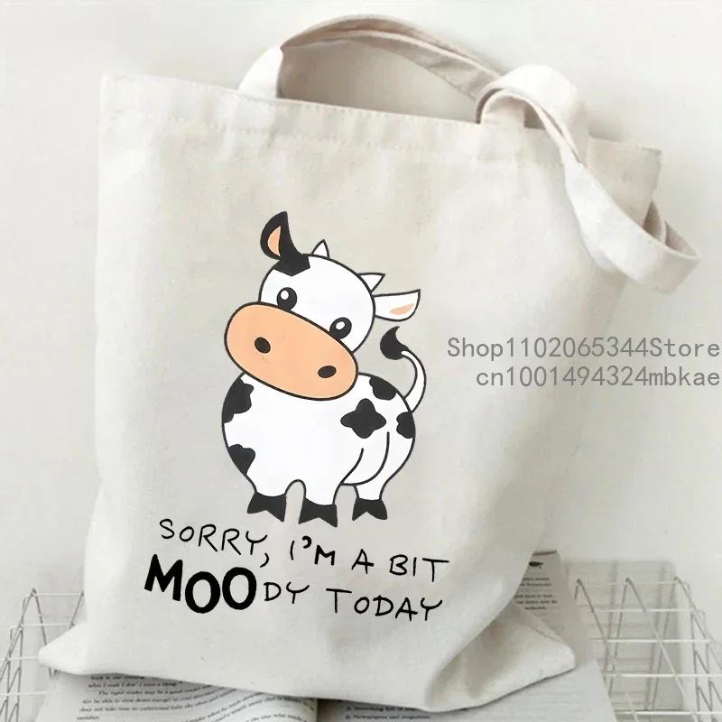 Canvas Tote Bag Sorry I\'m A Bit Moody Today Print Student Shopping Bag Cartoon Cow Graphic Casual Handbag Side Bag for Ladies