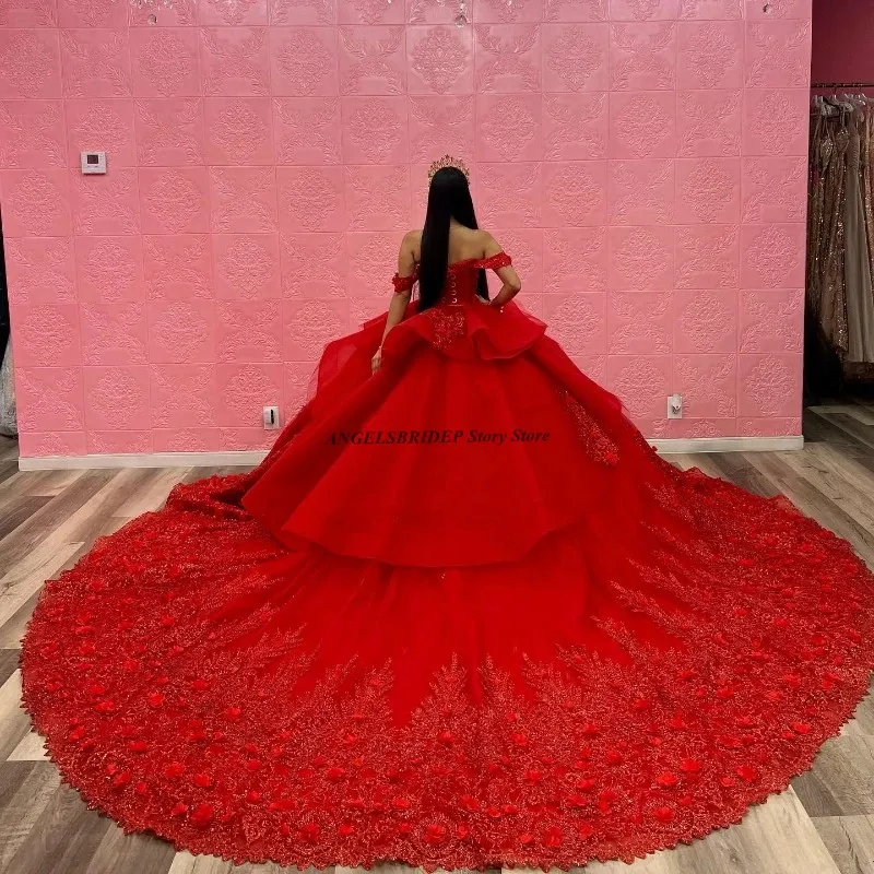 ANGELSBRIDEP Красные кружевные платья Quinceanera с блестками Бальные платья с открытыми плечами Аппликации из бисера Оборки Соборный шлейф по индивидуальному заказу