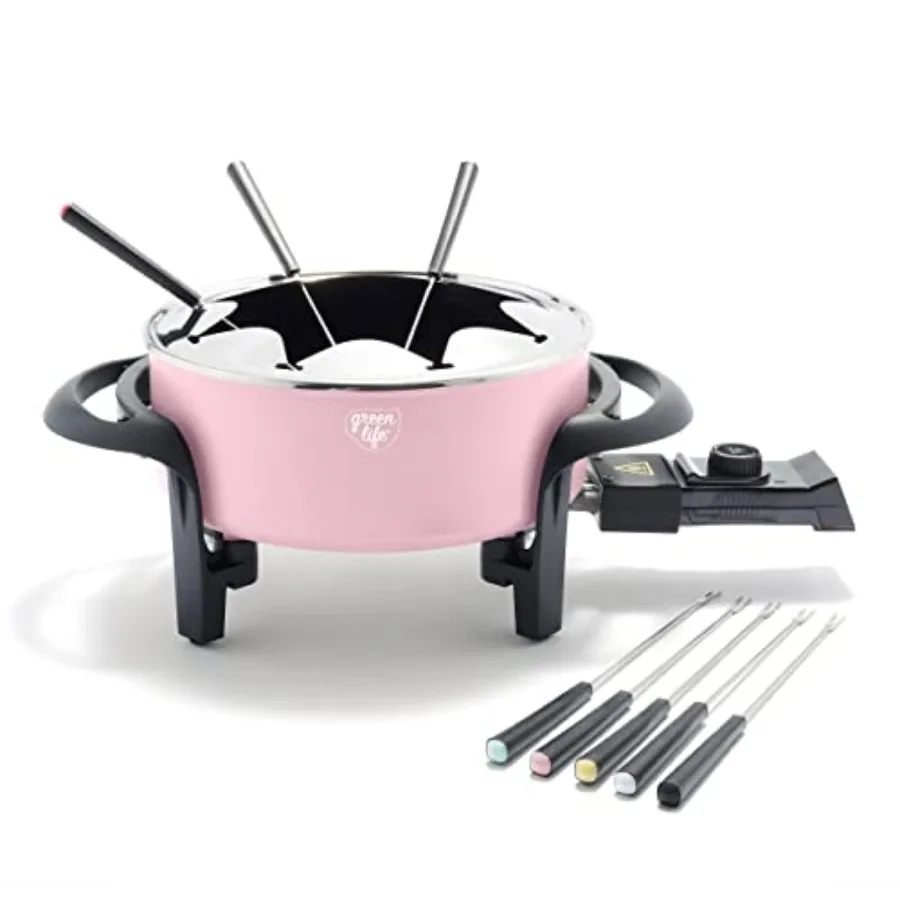 

GreenLife 14 Cup Electric Fondue Maker Pot Set For Cheese Chocolate and Meat 8 Color Coded Forks Healthy Ceramic Nonstick Adjus