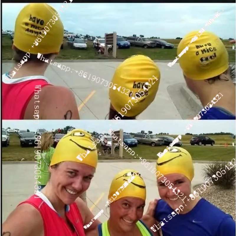 Soft silicone fashion competitive swimming cap, yellow cute smiley face, hypoallergenic and comfortable without pulling hair