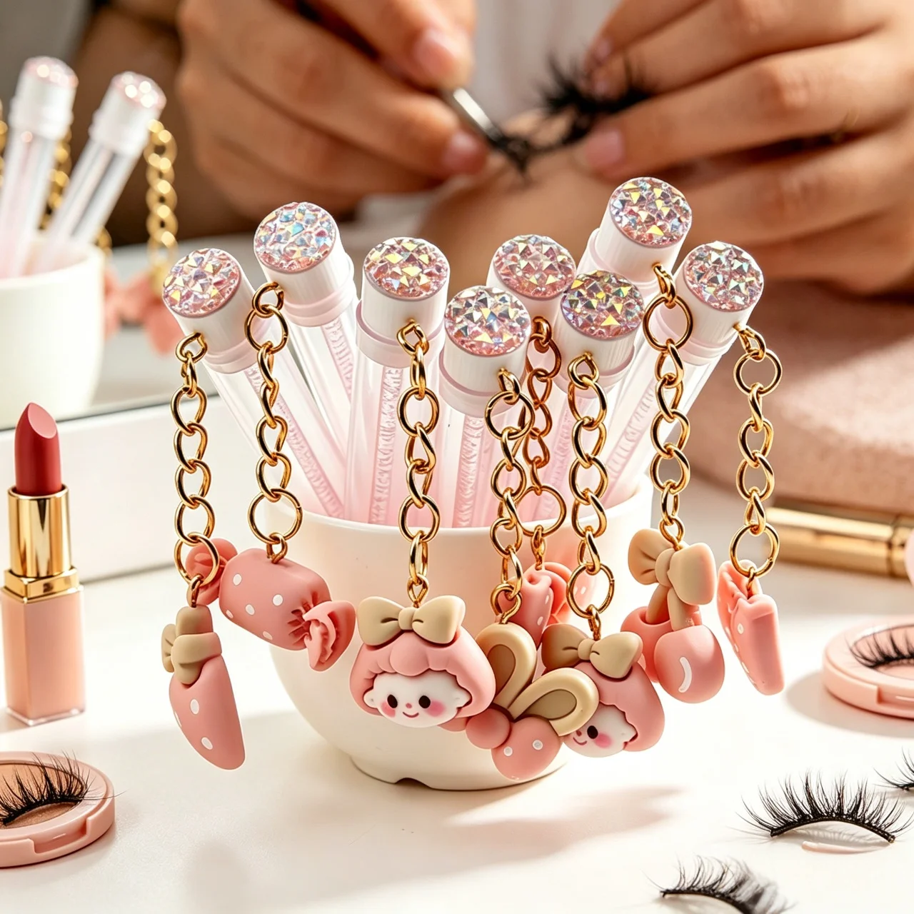 5pcs Pink Tube Eyelash Brush With Gold Keychain And Bowknot Pendant Makeup Brushes For Lash Extension Application Beauty Tool