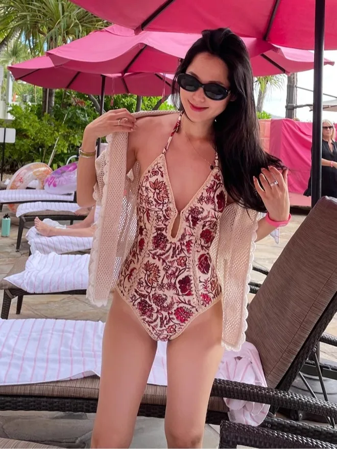 

Australian Retro Print Sexy V-Neck One-Piece Swimsuit Women's Thermal Resort Style Swimwear Slimming Design Fixed Cup No Sleeve