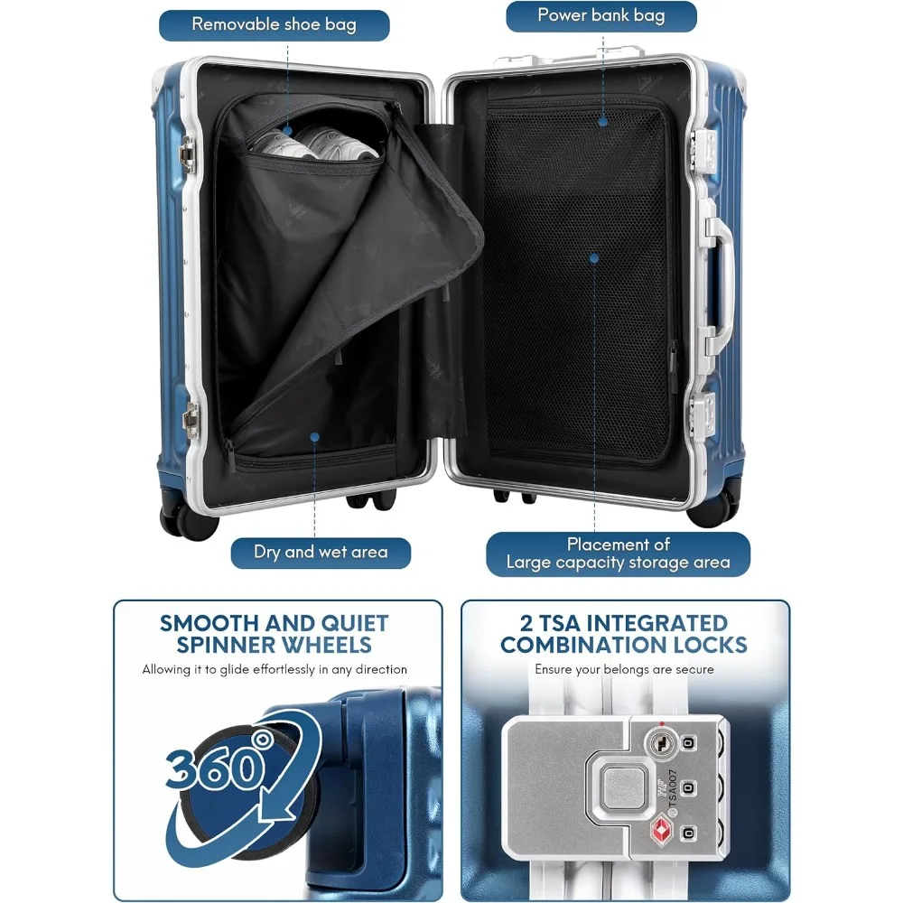 Walizka aluminiowa 20'' w kolorze niebieskim, bez zamka, z dzielonym otworem 3/7, o większej pojemności, 22x14x9, zatwierdzona przez linie lotnicze jako bagaż podręczny.