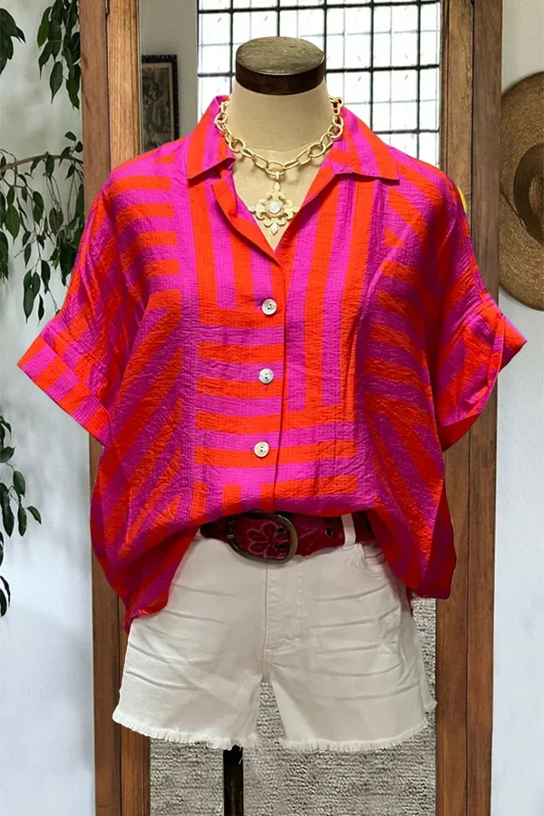 Roze En Oranje Gestreepte Blouse Met Korte Mouwen, Tribale Print, Top Met Knoop En Achterkant Voor Vrouwen, Geometrische Print Shirt Casual Blouse Met Pofmouwen