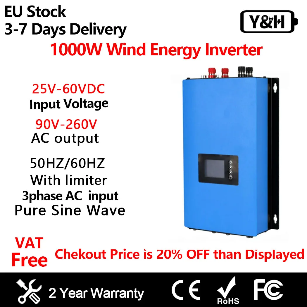 Y&H 1000W On Grid Wind Inverter MPPT Power With Limiter Sensor 110V 220V For 24V Wind Turbine Generator Pure Sine Wave