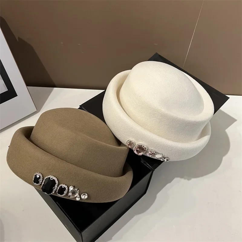 High Quality Rhinestone Wool Top Hat Korean Version Versatile Beret Fashion Retro Style Painter's Hat Church Dress Bucket Hat