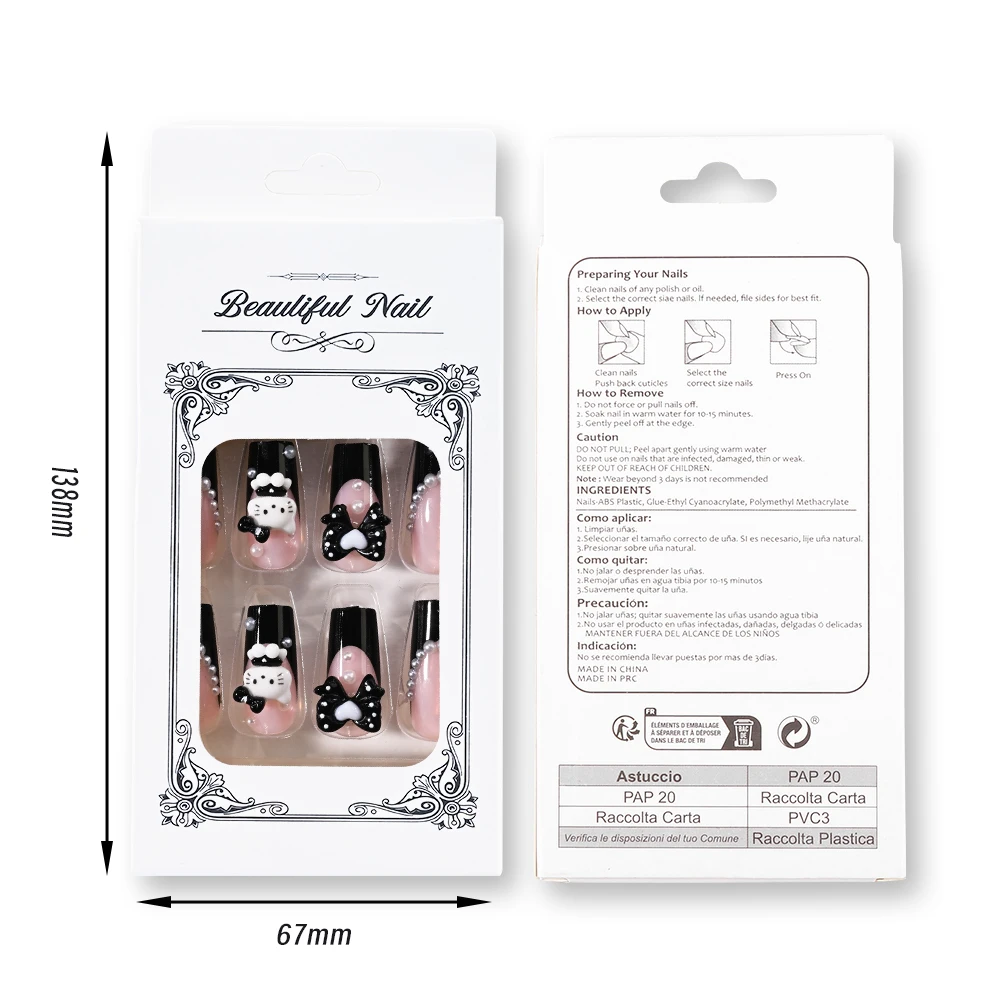 24Pcs Black Bowknot Hello Kitty Press-on-nails 3D Pearl Bow Coffin French False Nail Patches Y2k Cartoon Wearable Fake Nails #_%