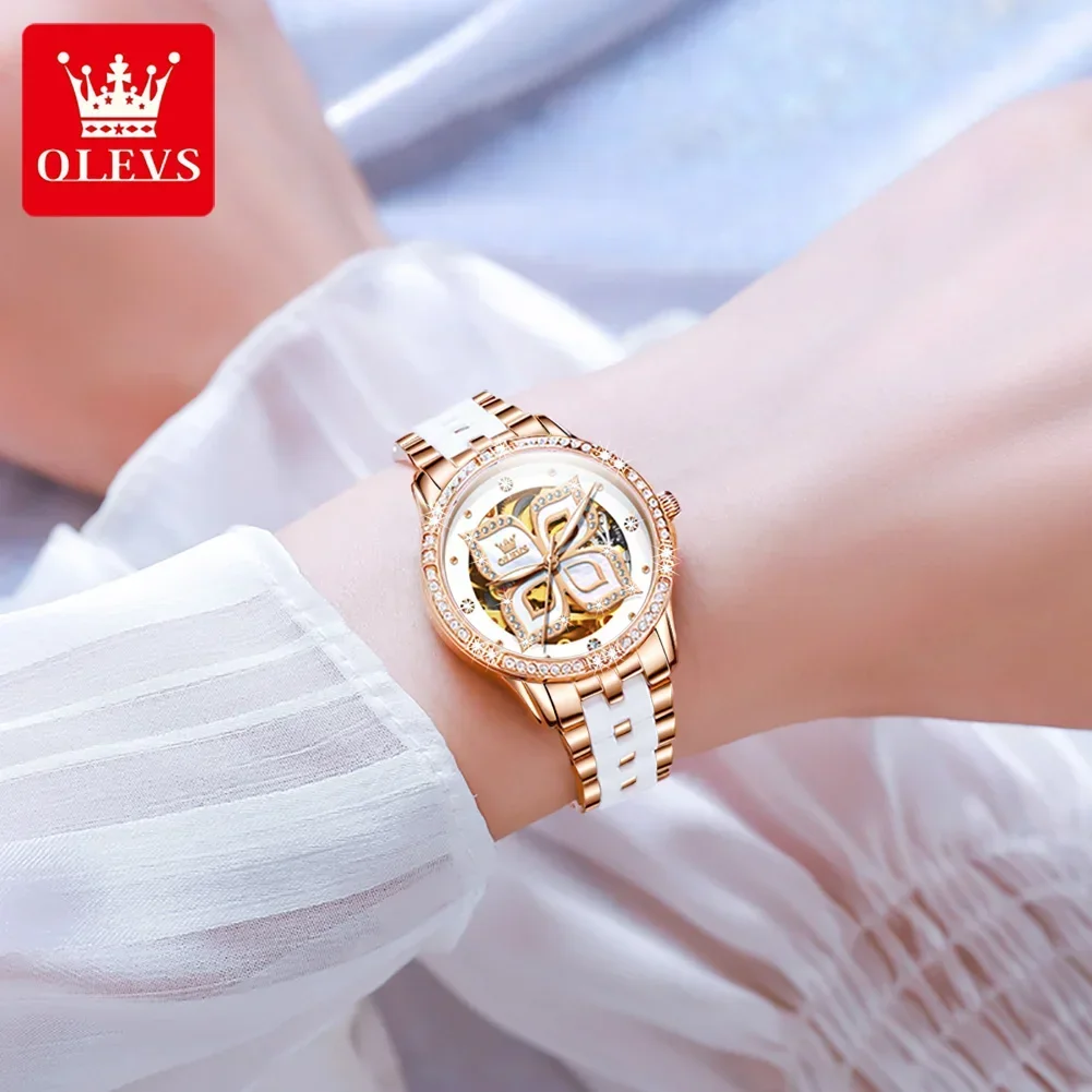 OLEVS Automatic Movement Watches for Women Luxury Stainless Steel Women\'s Watch Flower Design Skeleton Dial Woman Wrist Watch