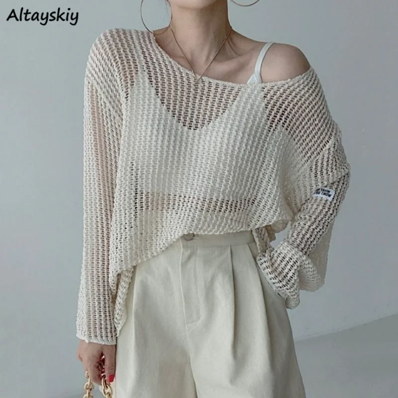 Hollow Out Pullovers Women Baggy O-neck Clothing Spring Casual Simple Elegant Vintage See-through Streetwear Lady Ulzzang Tender