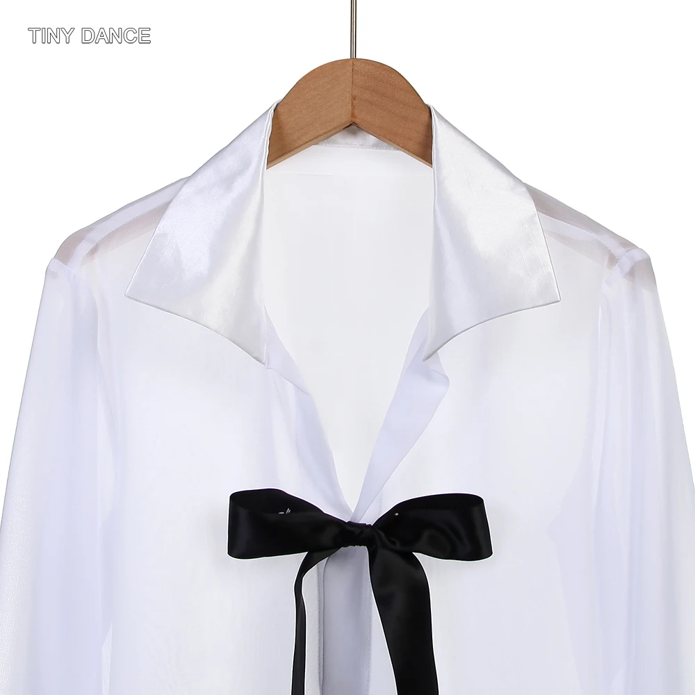남성용 흰색 발레 댄스 셔츠, 검정색 리본 퍼포먼스 의상 상의, 앞면 리본 디자인 발레 공연복 26015