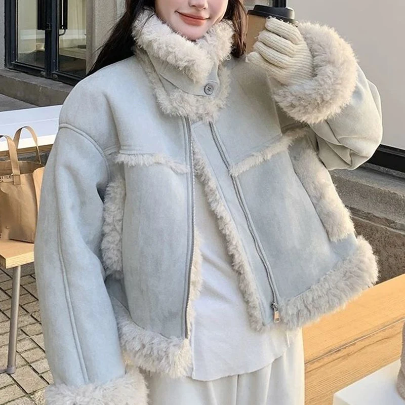 Blue Faux Shearling Parkas Women Fashion Sweet Thick Warm Biker Style Coats Winter Casual Fur Collar Patchwork Outwear Tops New