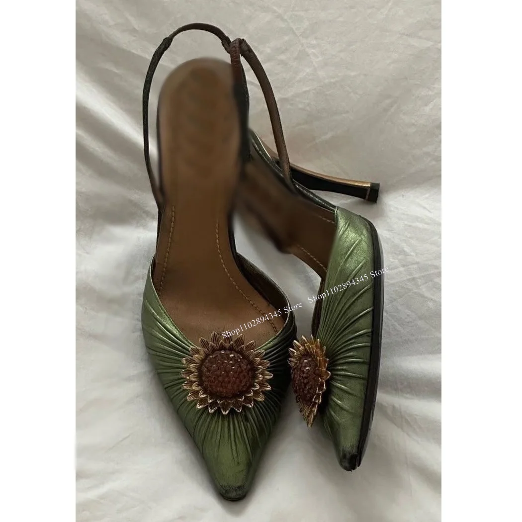 

Green Slip On Cut Out Flower Pumps Thin High Heel Pointed Toe Fashion Sexy 2025 Summer Big Size Woman Shoes Zapatillas Mujer
