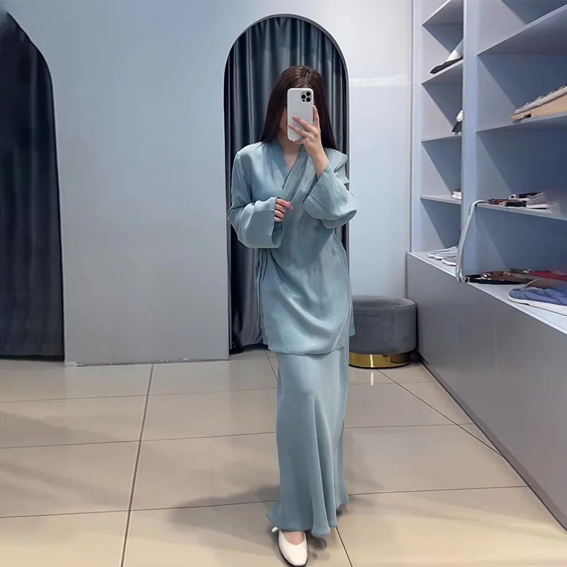 

Vintage Skirt Set Women Autumn Long Sleeve Satin Two Piece Set Female Elegant Fashion Casual Nightgowncore Loose Skirt Suit