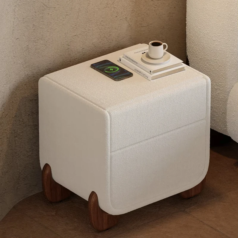 Modern Bedside Table Walnut Legs White Lamb Fabric 2 Drawers Smart Bedside Table Wireless USB Charging Dining Room Bedroom