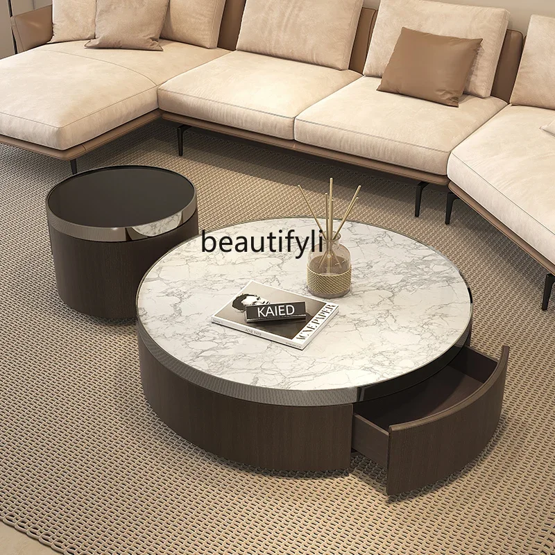 

New coffee table marble light luxury round table with drawer size tea table combination living room