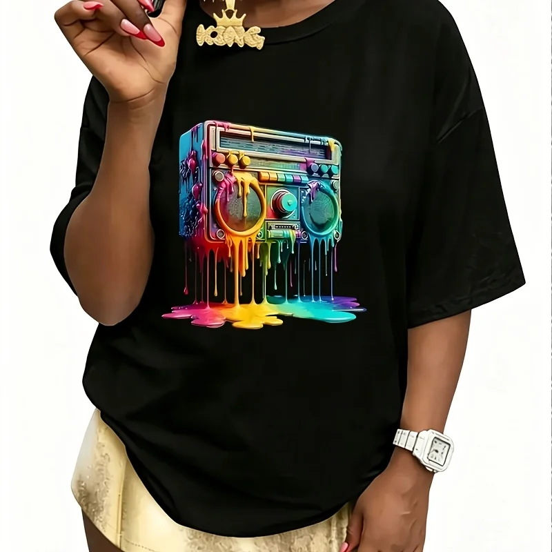 Dripping Paint Boombox Old School 80S Music Hip Hop Women's T-Shirt 100% Cotton Fun Print Short Sleeve Top Casual Round Neck Tee S-5Xl