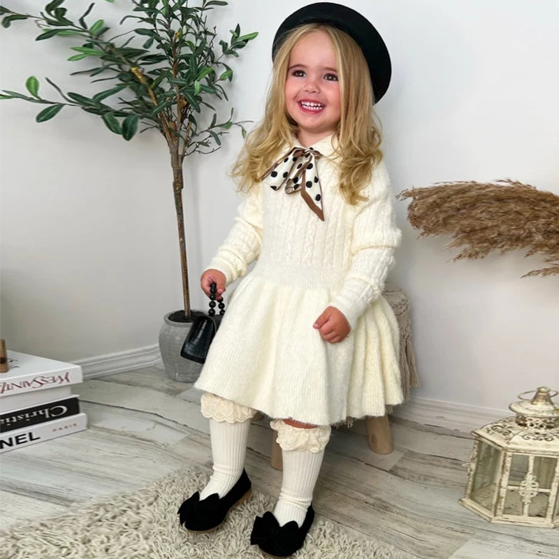 Children\'s Long Sleeve Fluffy Dress New Fashion Solid Wool Girls Knitting Sweater Dresses Casual Lapel Skirt for Kids