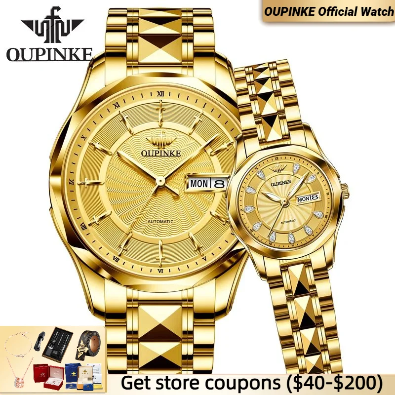 OUPINKE 3172 Gold Watch Men Women High-end Japan Imported Movements Dual Calendar Display Tungsten steel Lover Hand Clock Set