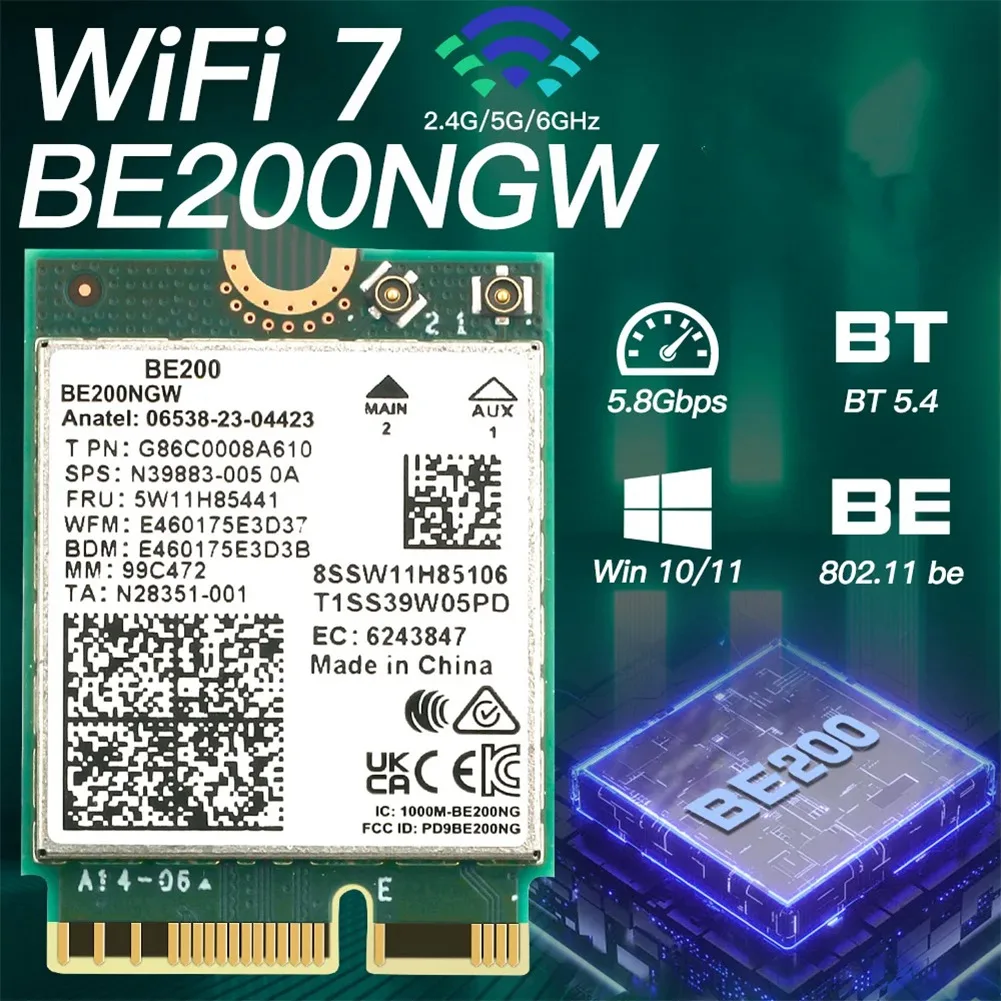 WIFI 7 BE200 BE200NGW WiFi Card+2PC 10DB Antenna BT 5.4 802.11AX Tri-Band M.2 NGFF Wireless Network Adapter for Win10/11