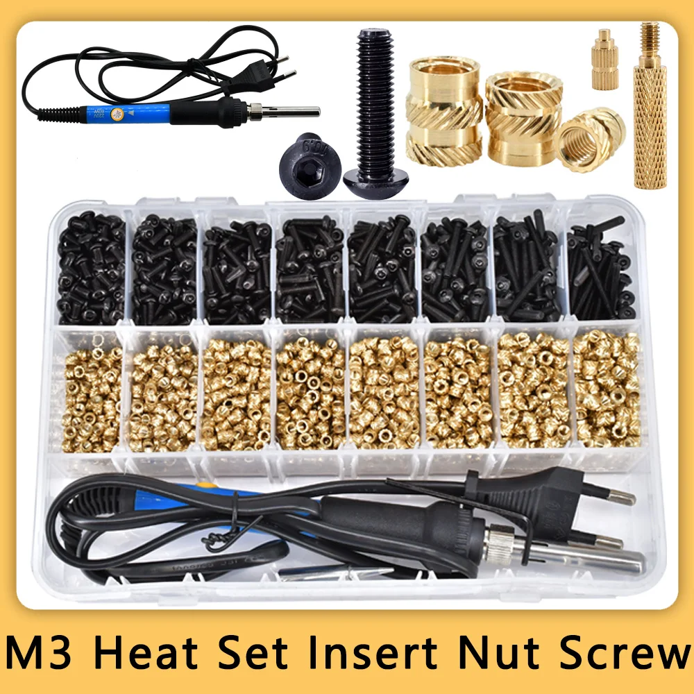 

M3 Heat Set Brass Insert Nut Hot Melt Twilled knurled 3D Printer Inserts Nuts Hex Bolt Allen Screw Soldering Iron Top Tools Kit