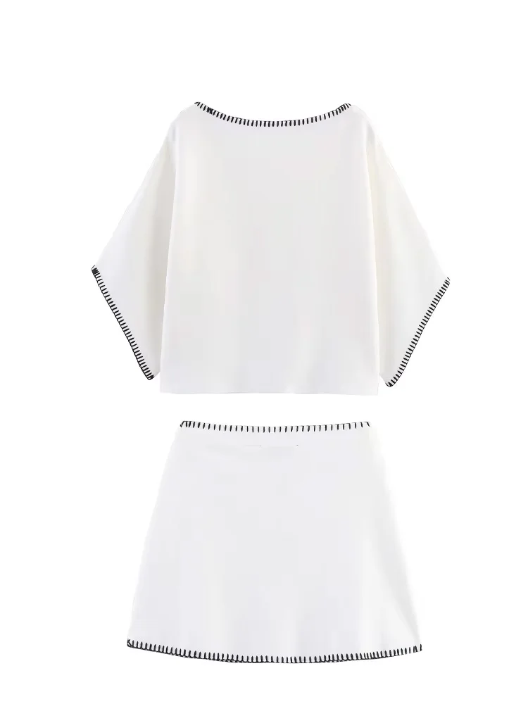 HH Women Solid Skirt Suit Chic O-Neck Short Sleeve Knitted Contrast Embroidery Pullover Top+Summer Fashion Slim Short Skirt
