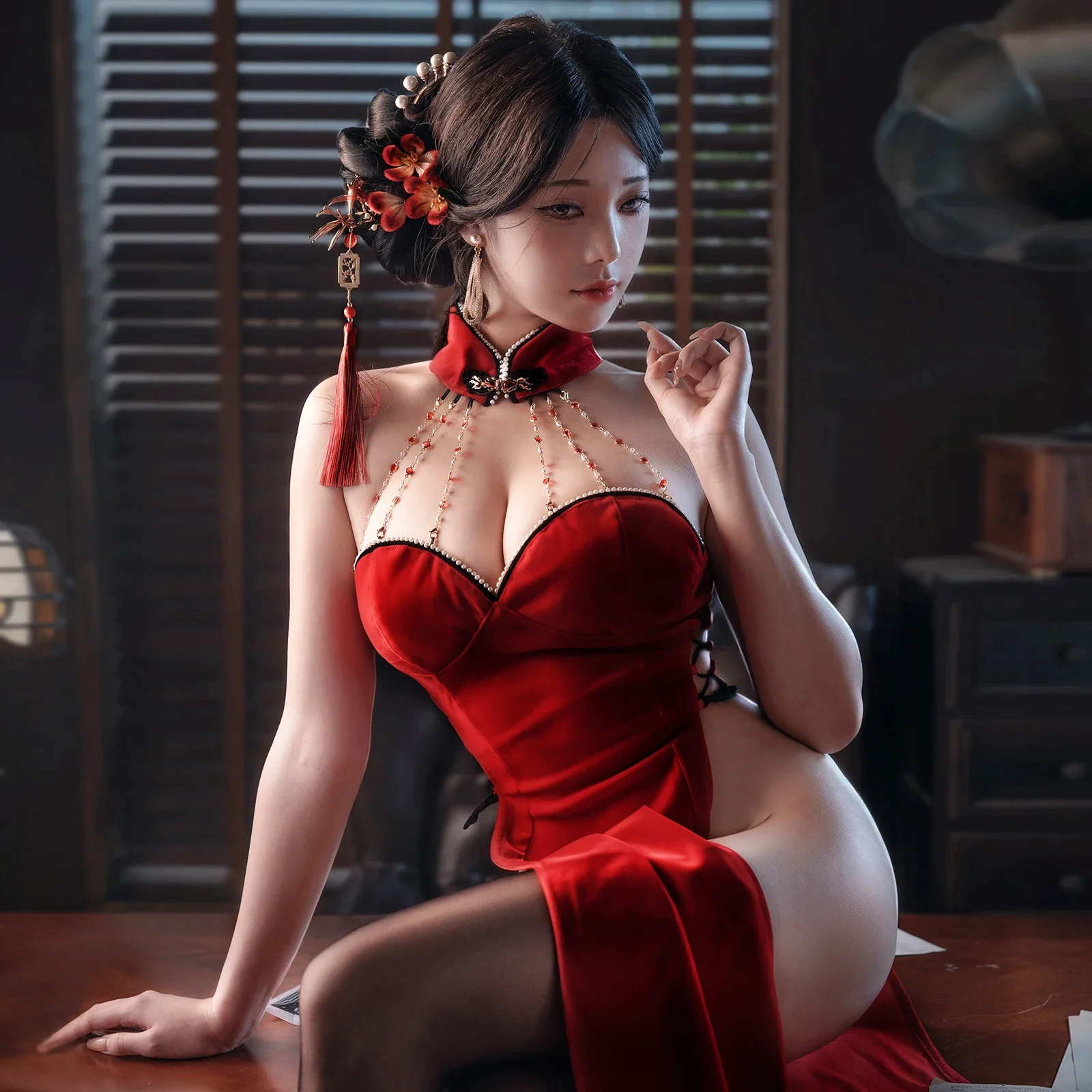 

Sexy Cheongsam Vintage Lingerie Dress Women Role Play Underwear Classical Chinese Costume Velvet Qipao High Waist Dresses Strap
