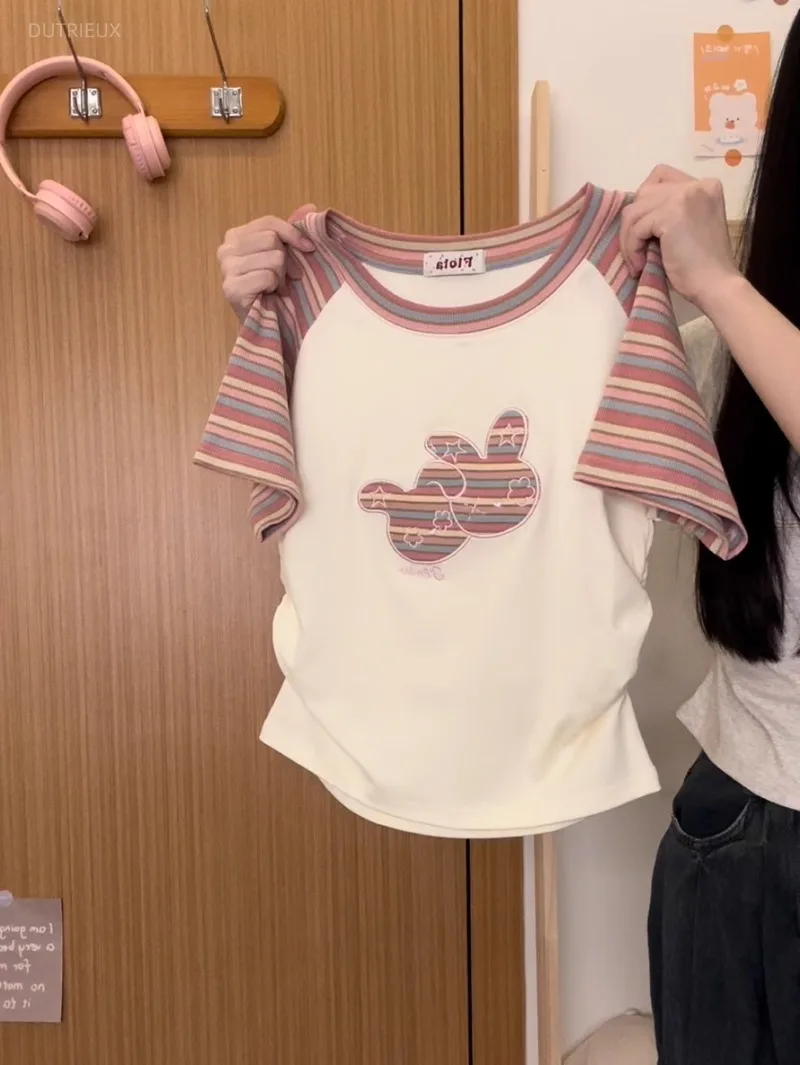 Cartoon Embroidered Rabbit Rainbow Striped Short Sleeves T-shirt Women's Petite Age-reducing Cropped Top Summer New Style