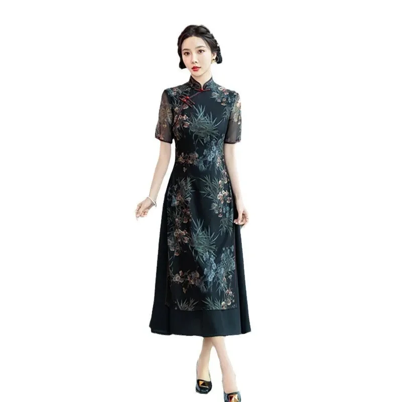 

Chinese Style Improved Audrey cheongsam Dress Spring/summer New Retro Chinese Style Mom's Outfit, Medium Length, Slimming Women