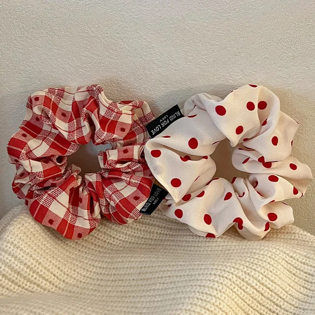 2025 Nowy Rok Polka Dot White Red Scrunchies Student Girls Hair Ties Ropes Women Low Ponytail Holder Large Elastic Hair Bands