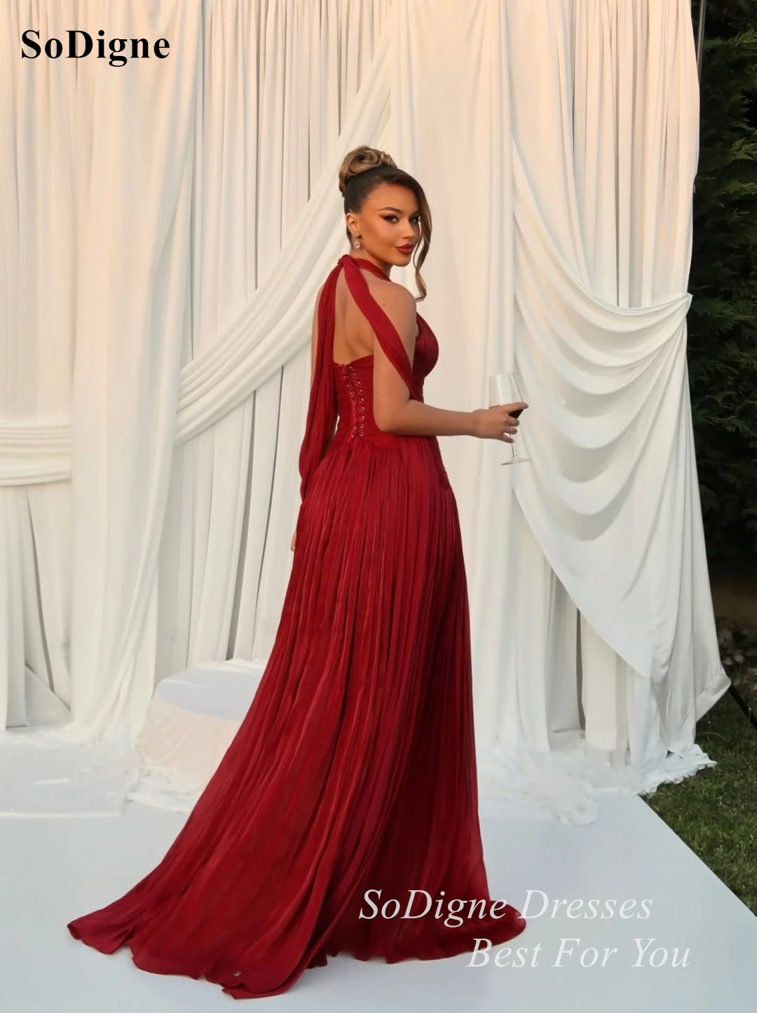 SoDigne Sexy Low Cut-out Halter Evening Dresses Pleated Sleeveless Party Gowns High Slit Draped A-Line Prom Dress Customized