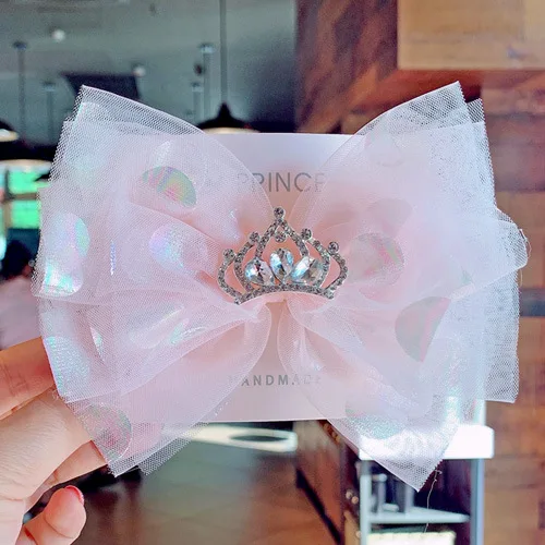 

European Kids Hair Clip Large Iridescent Bow Rhinestone Tiara Top Clip Soft Tulle Baby Girls Crown Hairpin