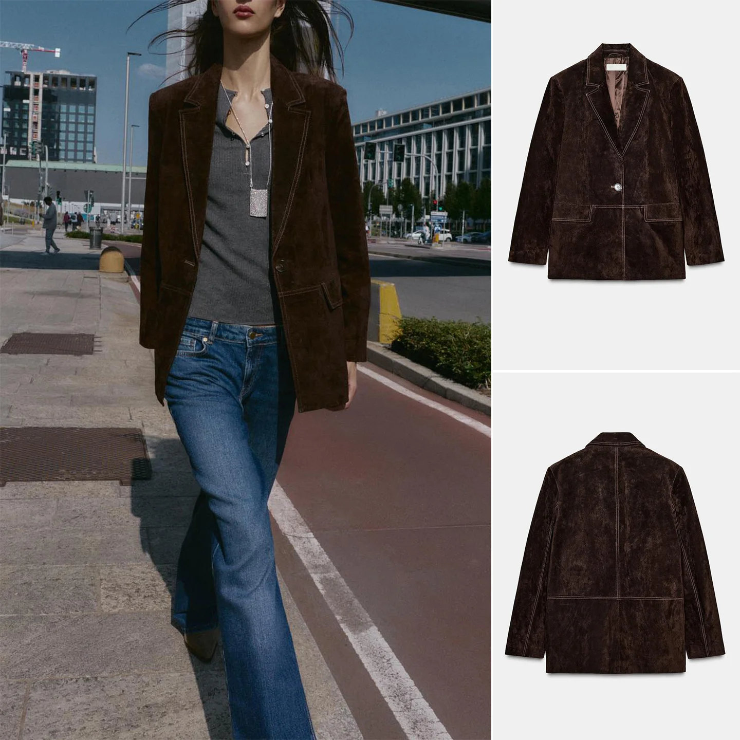 

Autumn Women's Commuter Sle PU Leather Long Sve Suit Jaet with oulder Pads Straight Leg Casual Faion