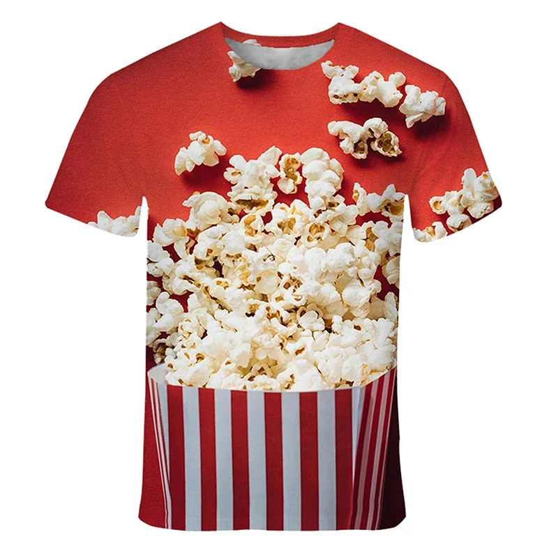 Men\'s Fashionable Gourmet Popcorn Print T-Shirt Trendy Digital round Neck Short Sleeve Casual Top