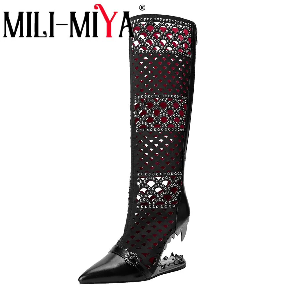 MILI-MIYA Women's New Fashion Bohemian Openwork Rhinestone Asymmetrical Tiger Tooth Heel Knee High Boots Plus Size 36-43