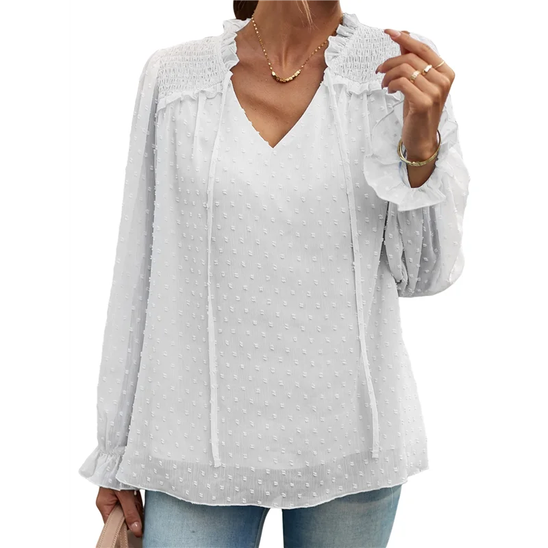 NEW-レディース カジュアル ブラウス スイス ドット サマー シャツ エレガント V ネック 長袖 ルーズ ドレッシー オフィス トップス