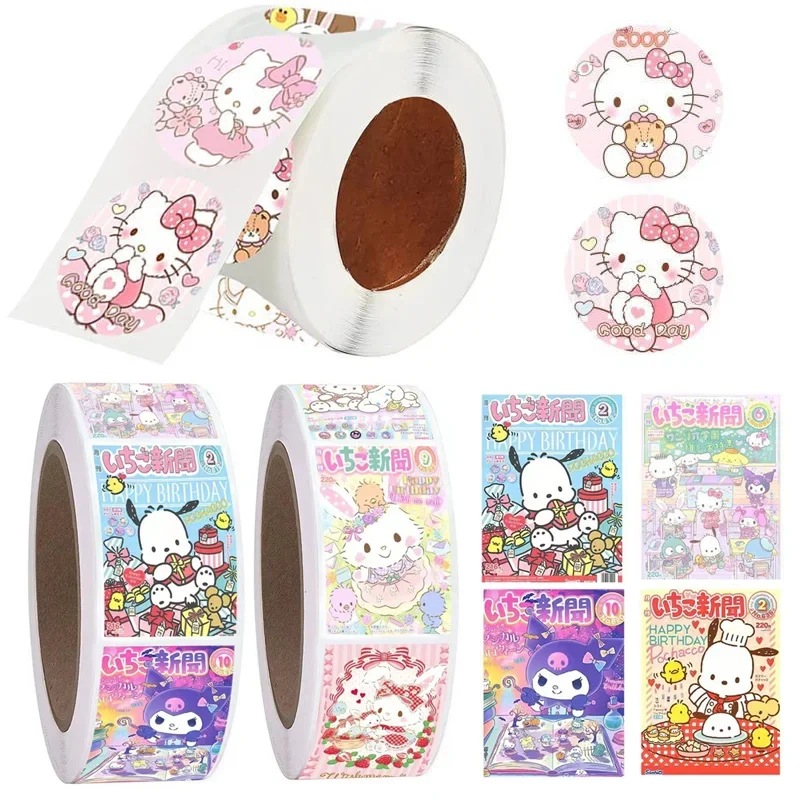 500Pcs Sanrio Hello Kitty Roll Stickers Kawaii Kuromi Cute Round Rectangular Seal Decorative Graffiti Stickers Rolls Toys Gifts